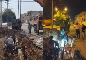 تلاش شبانه‌روزی گروه‌های بهره‌برداری آبفا مسجدسلیمان برای رفع نقص خط اصلی آبرسانی نفتک